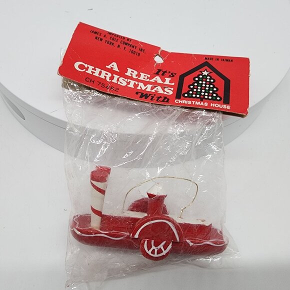 Vintage Christmas House Boat Ornament Wooden Red & White Sealed - Picture 1 of 6